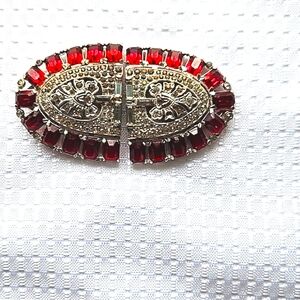 Vintage Art Deco Style Brooch/Fur Clips, Red & Clear Rhinestone Duette Pin 1930s